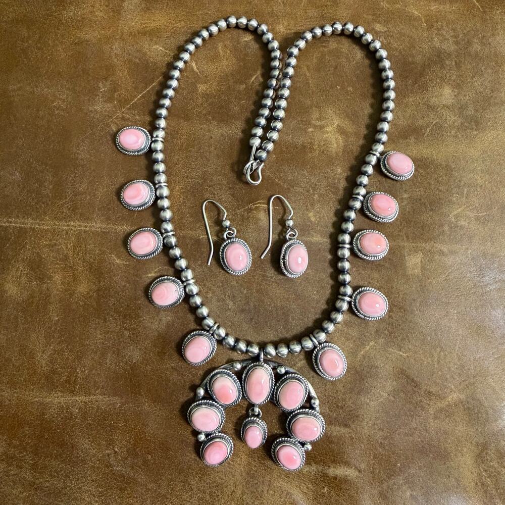 Native American Navajo Sterling Silver Pink Conch Squash Blossom